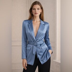 Women’s Blue Satin Belted Blazer Jacket  Long Sleeve Tailored Chic office
